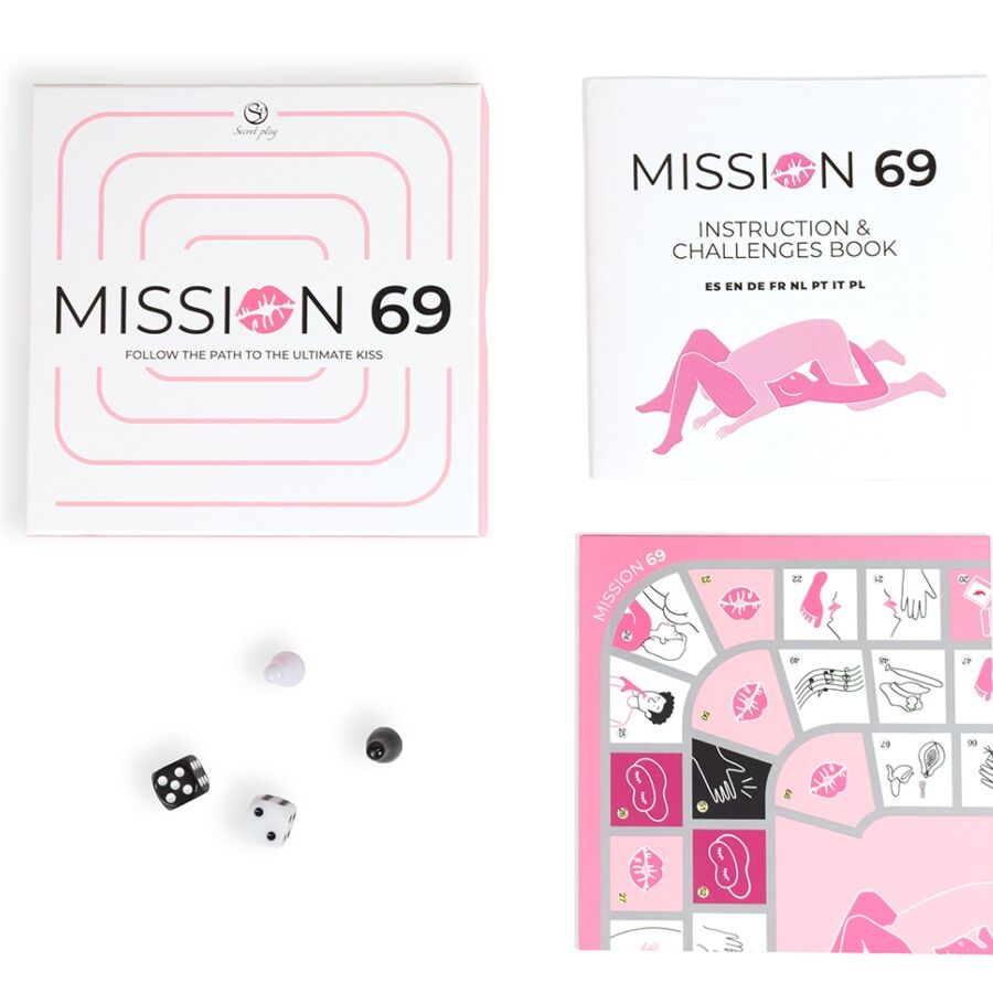 Jeu de société 'Mission 69' — boîte, livret d'instructions multilingue et coin du plateau, pions et dés noir et blanc