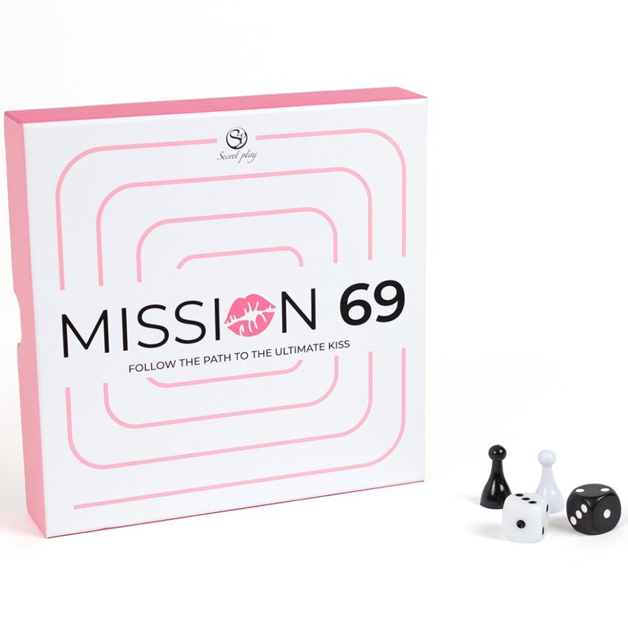 Jeu de société 'Mission 69' — boîte de face avec les deux pions et les deux dés numérotés posés devant