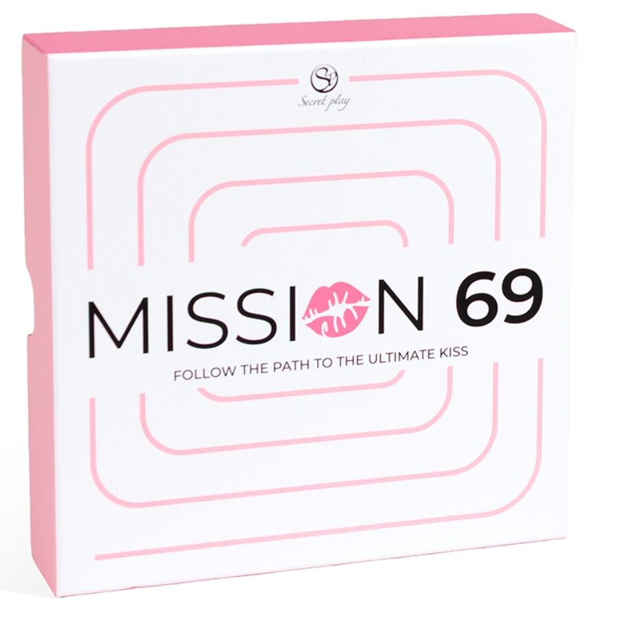 Jeu de société 'Mission 69' — boîte vue de trois quarts, tranche rose visible