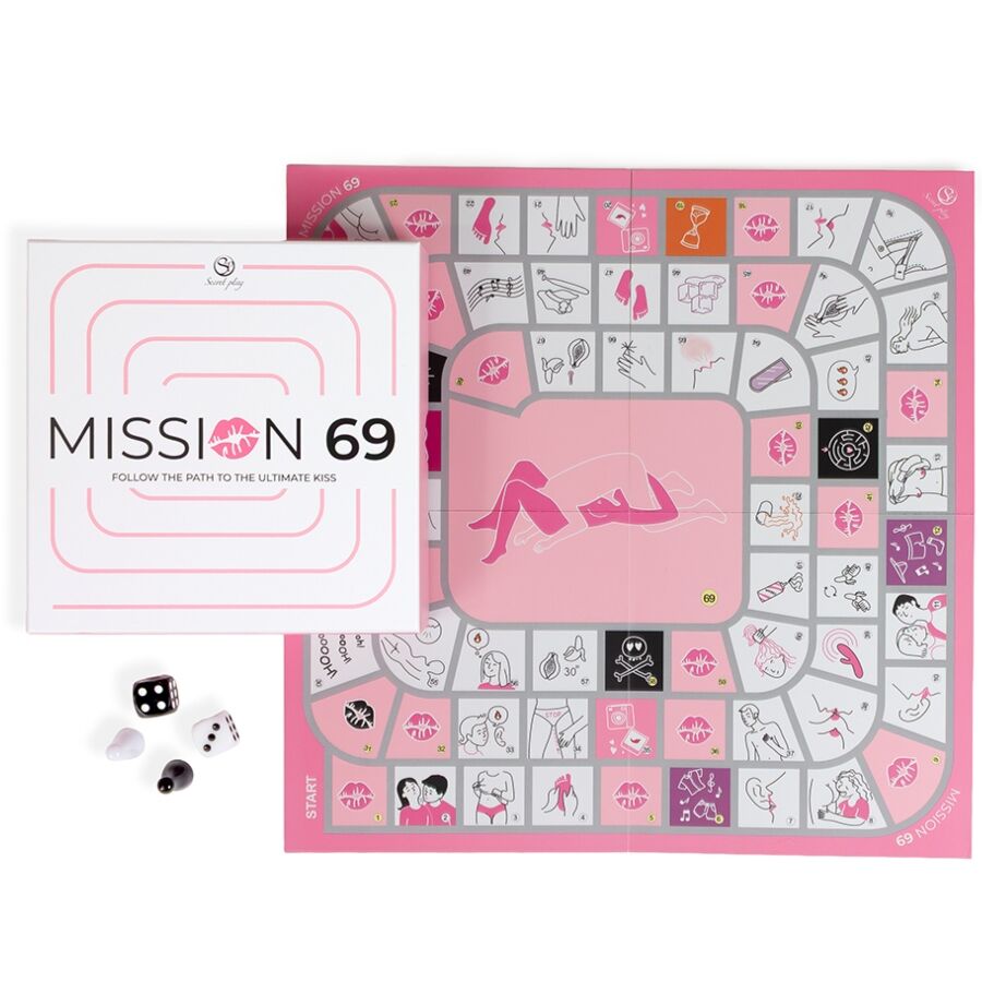 Jeu de société 'Mission 69' — boîte ouverte posée à côté du plateau complet déplié, case centrale illustrée