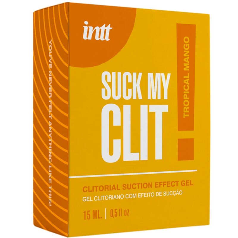 Suck My Clit gel effet succion mangue tropicale — boîte fermée vue de trois quarts, mention 'Tropical Mango'