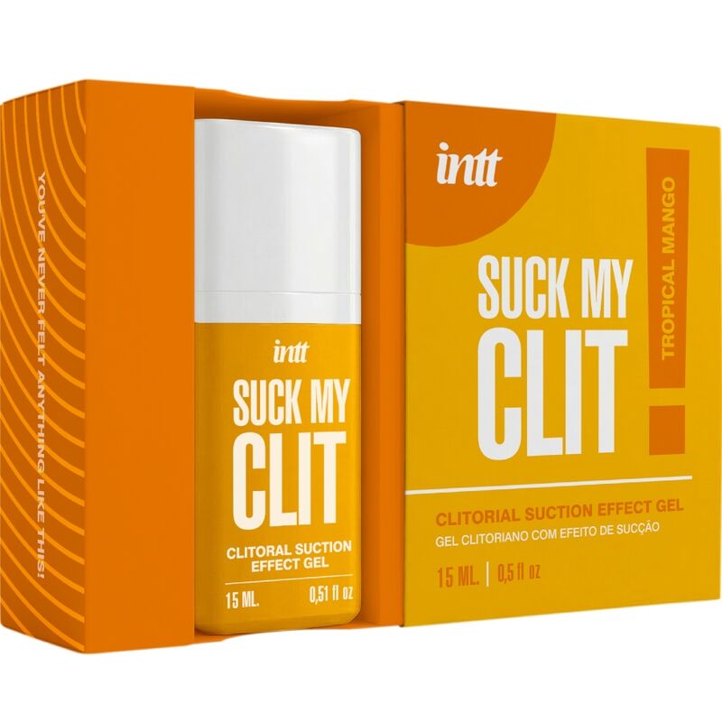 Suck My Clit gel effet succion mangue tropicale — packaging ouvert montrant le flacon à côté de la boîte orange 'Tropical Mango'