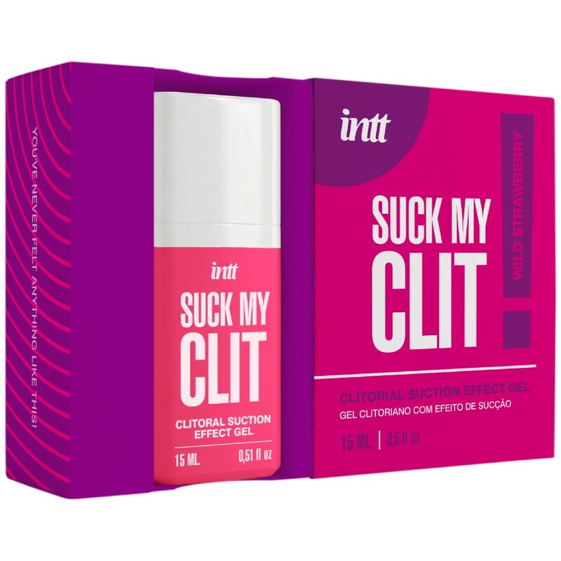 Suck My Clit gel effet succion fraise sauvage — packaging ouvert montrant le flacon à côté de la boîte fuchsia 'Wild Strawberry'