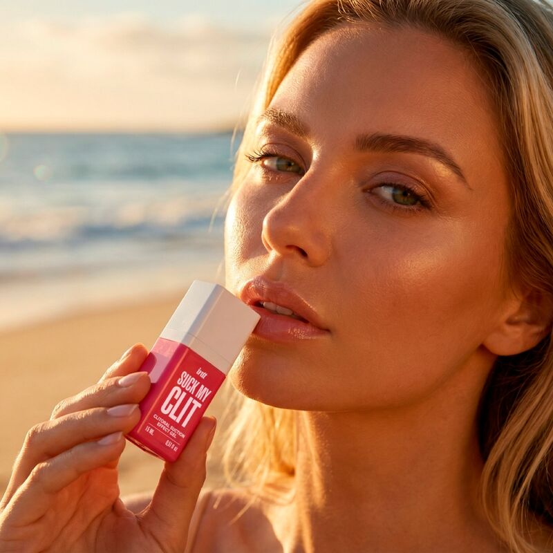 Suck My Clit gel effet succion fraise sauvage — mise en scène avec un mannequin tenant le flacon près de la bouche, en bord de mer