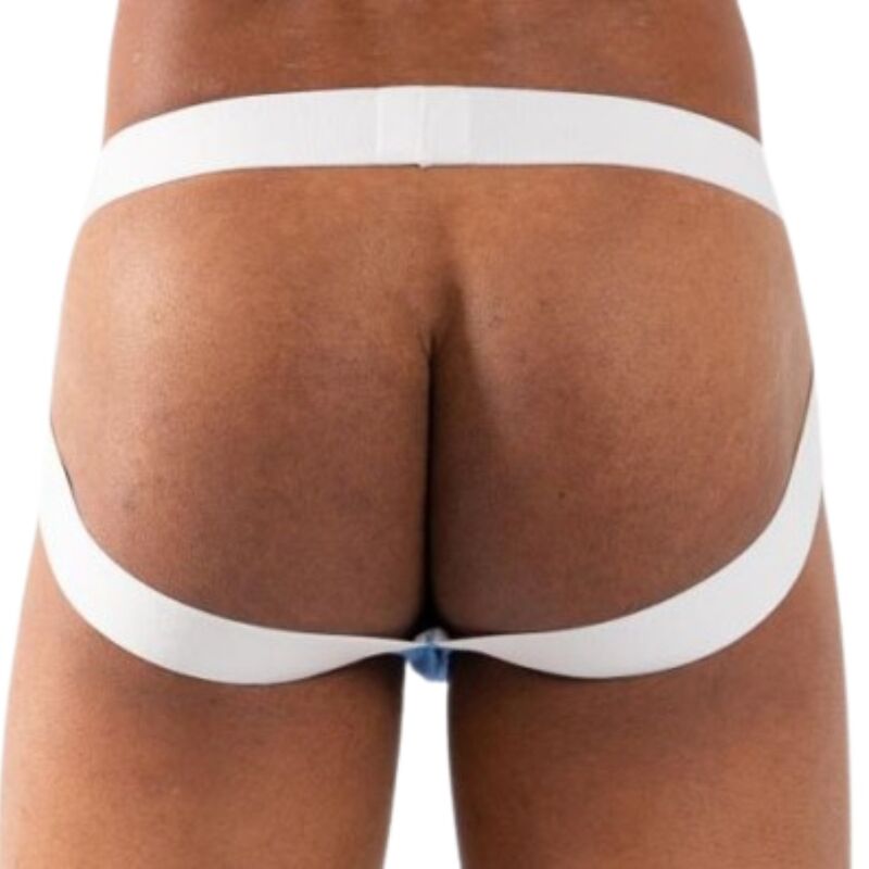 Jockstrap vu de dos, ceinture blanche large, fessier nu dégagé par la construction jockstrap.