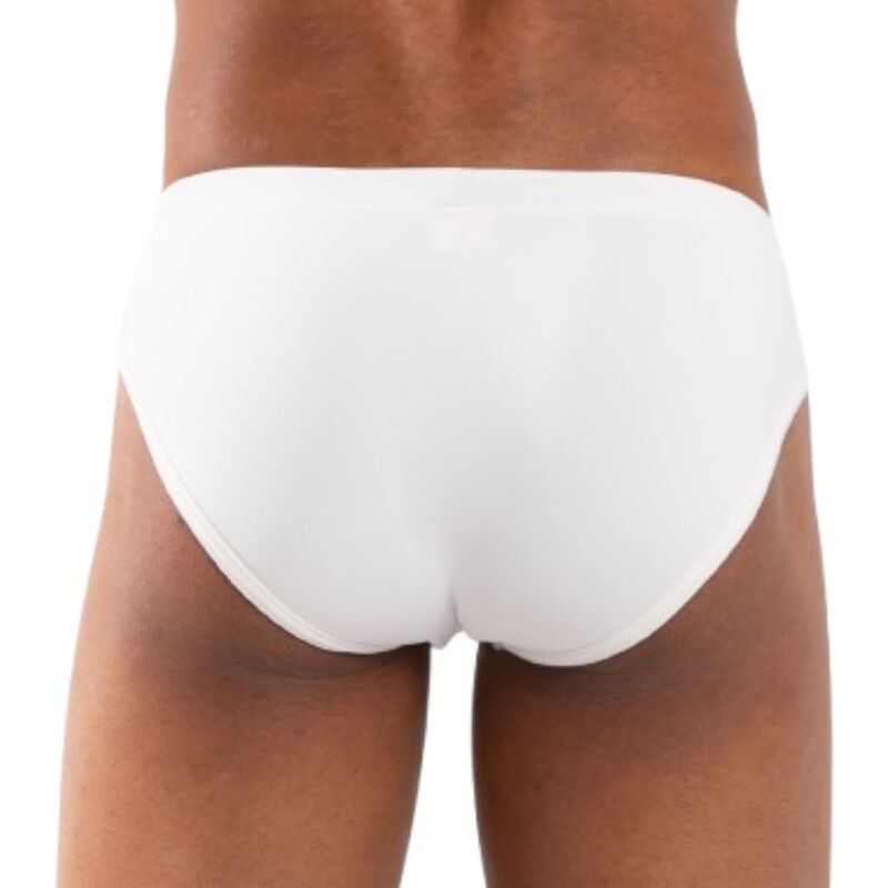 Slip blanc BURN 021 vu de dos, modèle tatoué