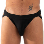 Jockstrap noir BURN 011 Double jock vu de face en gros plan, double sangle croisée à la taille