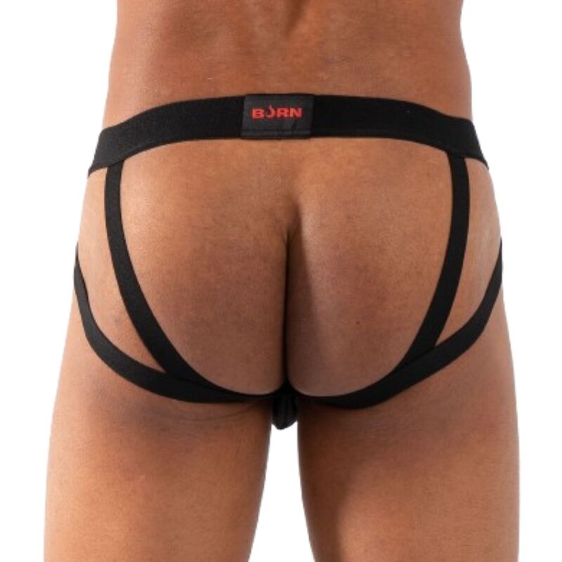 Jockstrap noir BURN 011 Double jock vu de dos, double sangle et fessier découvert, étiquette de marque visible