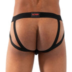 Jockstrap noir BURN 011 Double jock vu de dos, double sangle et fessier découvert, étiquette de marque visible