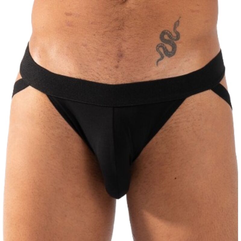 Jockstrap noir BURN 011 Double jock vu de face en gros plan, double sangle croisée à la taille