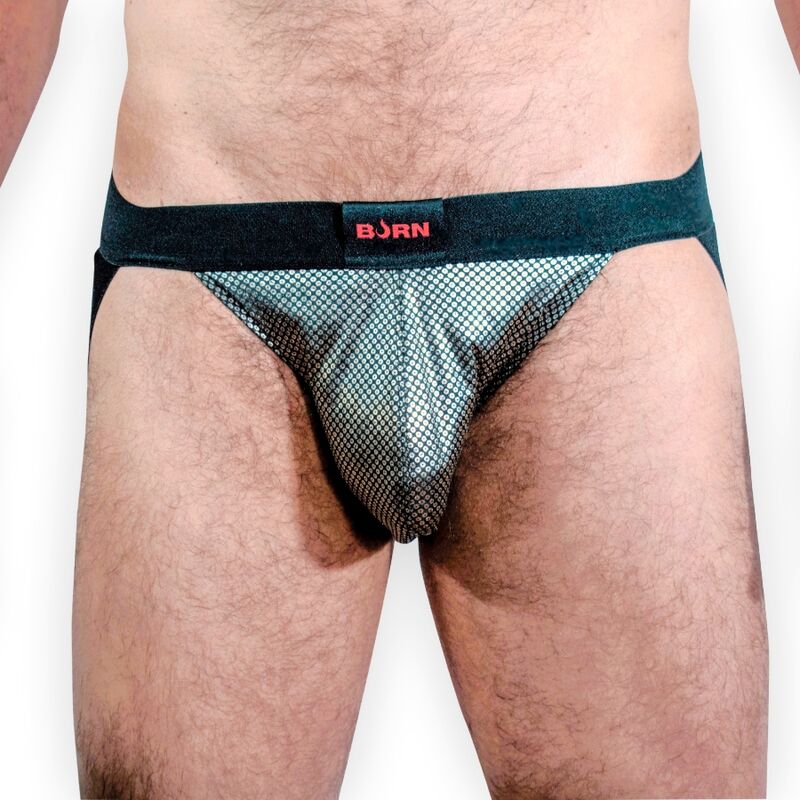 Jockstrap noir BURN 023 Studio 54 vu de face, poche avant en résille pailletée argentée irisée