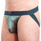 Jockstrap noir BURN 023 Studio 54 vu de trois quarts, sangles latérales et poche pailletée argentée
