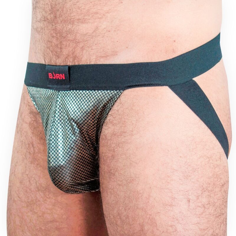 Jockstrap noir BURN 023 Studio 54 vu de trois quarts, sangles latérales et poche pailletée argentée