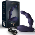 Coffret Nova Dominion de Rocks Off avec le masseur violet foncé et son câble de recharge USB, vue d'ensemble