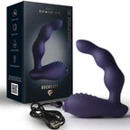Coffret Nova Dominion de Rocks Off avec le masseur violet foncé et son câble de recharge USB, vue d'ensemble