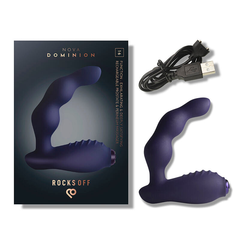 Coffret Nova Dominion, masseur et câble USB présentés à plat côte à côte