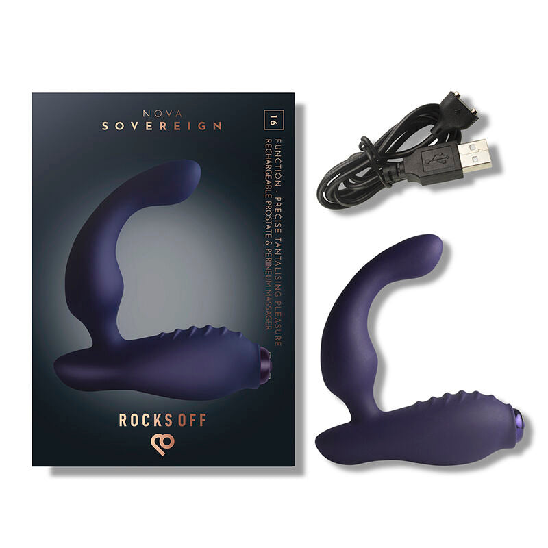 Coffret Nova Sovereign, masseur et câble USB présentés à plat côte à côte