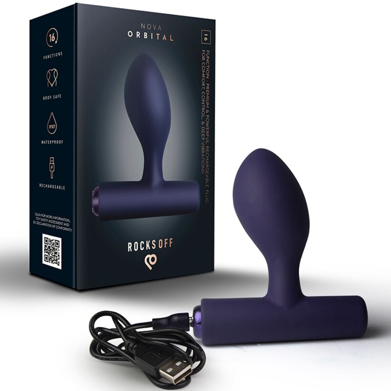 Masseur Nova Orbital violet foncé vu de face, forme de plug avec base en T et embout arrondi