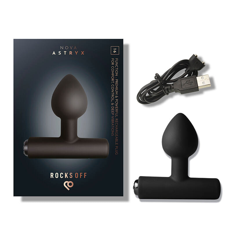 Boîte Nova Astryx Rocks Off noire, plug et câble USB présentés ensemble
