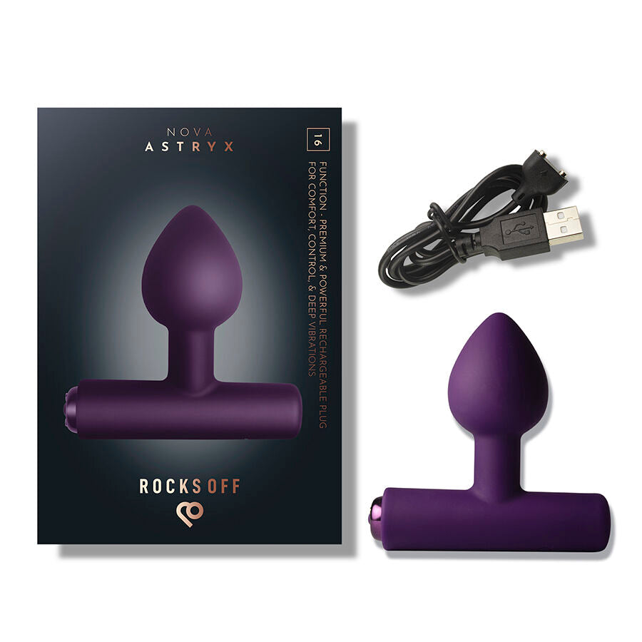 Boîte Nova Astryx Rocks Off violette, plug et câble USB présentés ensemble