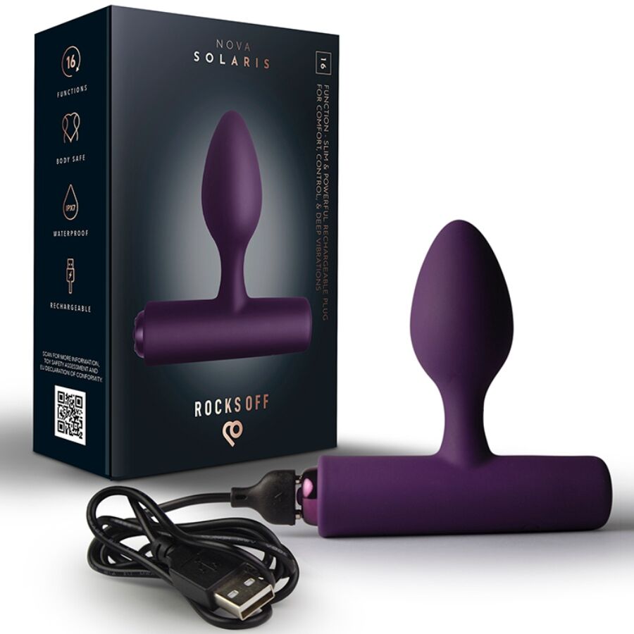 Boîte Nova Solaris Rocks Off et plug vibrant violet aubergine sortis de l'emballage
