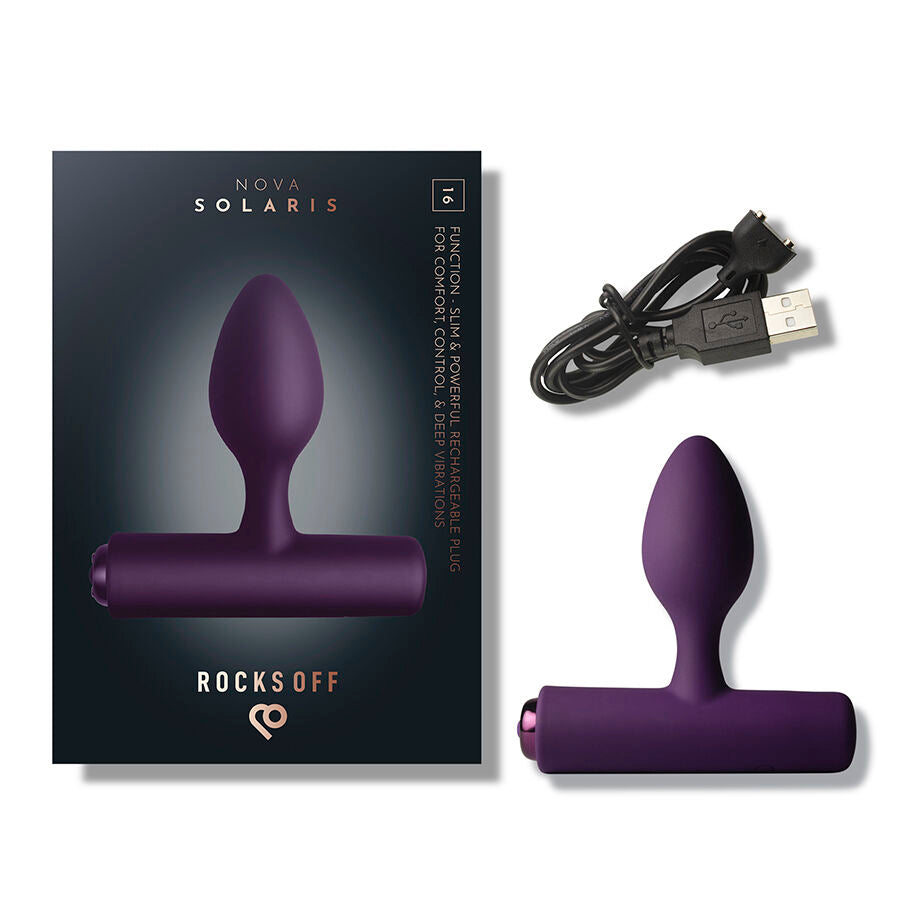 Boîte Nova Solaris Rocks Off violette, plug et câble USB présentés ensemble