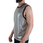 Débardeur gris pailleté Macho vu de profil, texture striée scintillante, sans manches