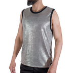 Débardeur gris pailleté Macho vu de face, texture scintillante striée, encolure bordée de noir, sans manches