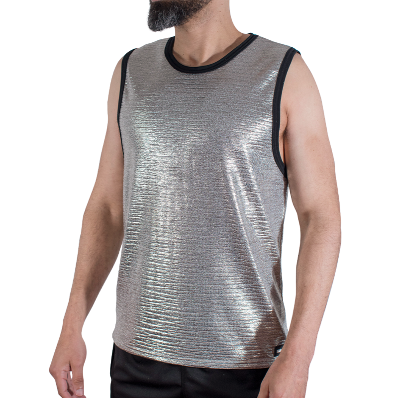 Débardeur gris pailleté Macho vu de face, texture scintillante striée, encolure bordée de noir, sans manches