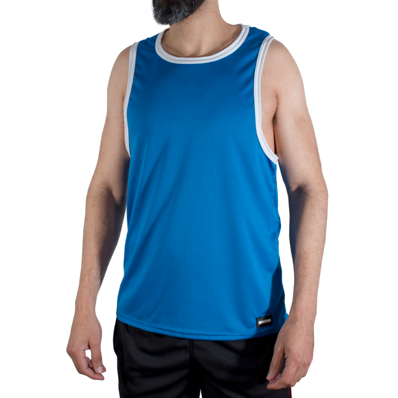 Débardeur de sport bleu Macho CMV002, liseré blanc, vue de face sur mannequin