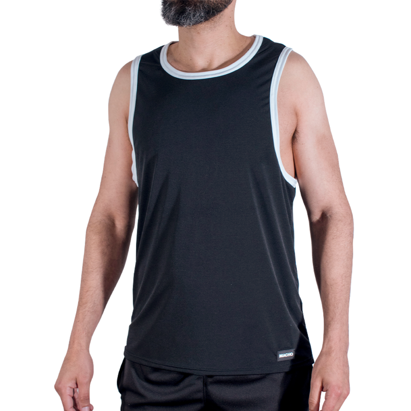 Débardeur de sport noir Macho CMV004, liseré blanc, vue de face