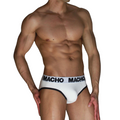 Slip blanc MACHO MCH006 porté de face en angle, liséré noir, ceinture logo MACHO