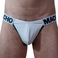 Slip blanc MACHO MCH009 vu de face, liséré noir sur la découpe latérale, ceinture logo MACHO
