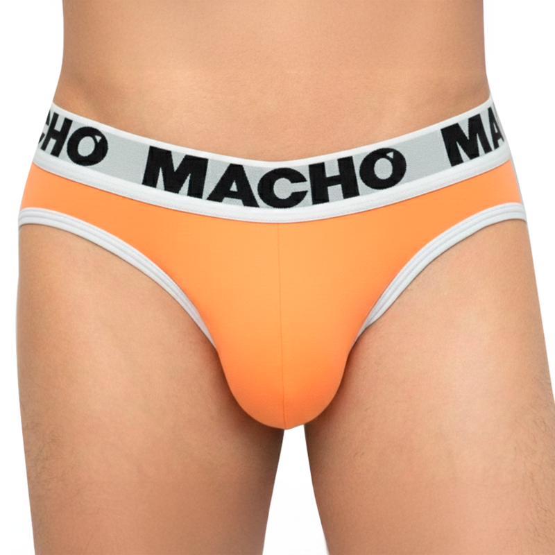 Slip orange MACHO MCH012 vu de face en gros plan, liséré noir et ceinture grise logo MACHO