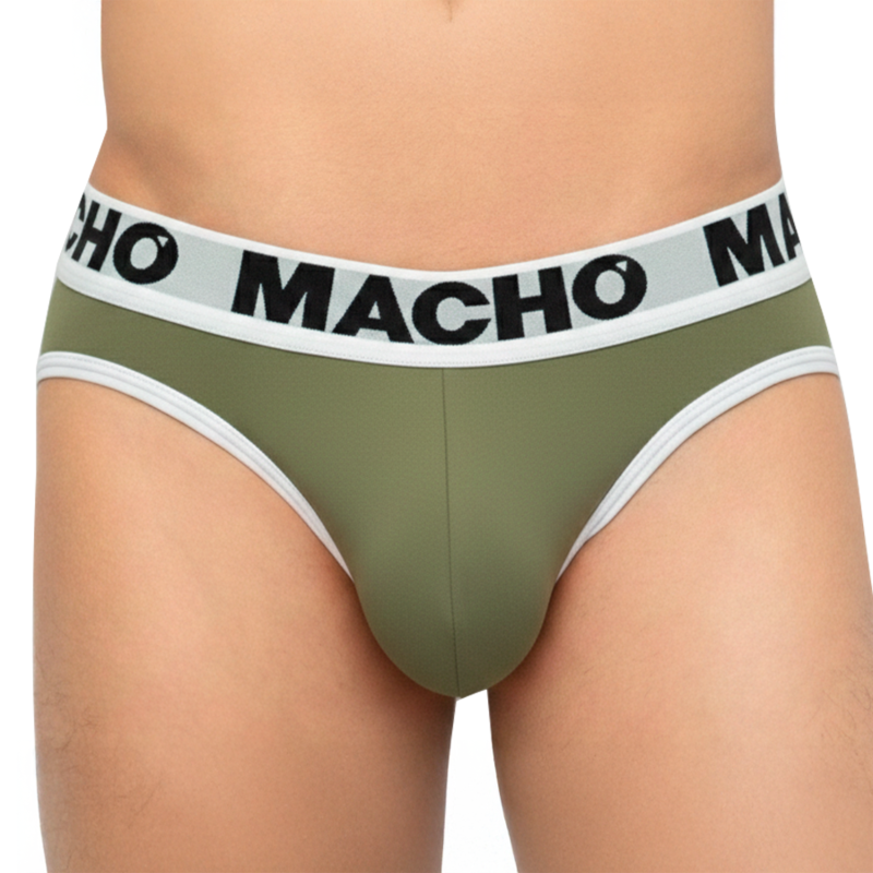 Slip vert militaire Macho MCH013, gros plan sur la coupe avant