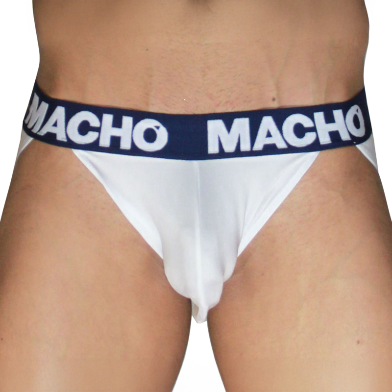 Jockstrap blanc MACHO MX29DK vu de face en gros plan, ceinture bleu marine avec logo MACHO blanc