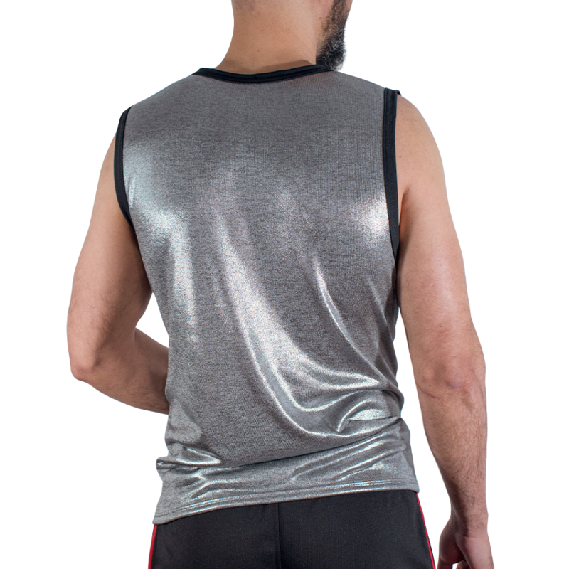 Débardeur gris pailleté Macho vu de dos, sans manches, liséré noir