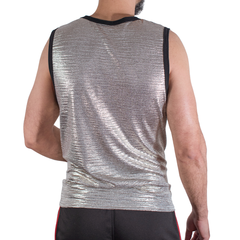 Débardeur gris pailleté Macho vu de dos, texture striée scintillante, sans manches