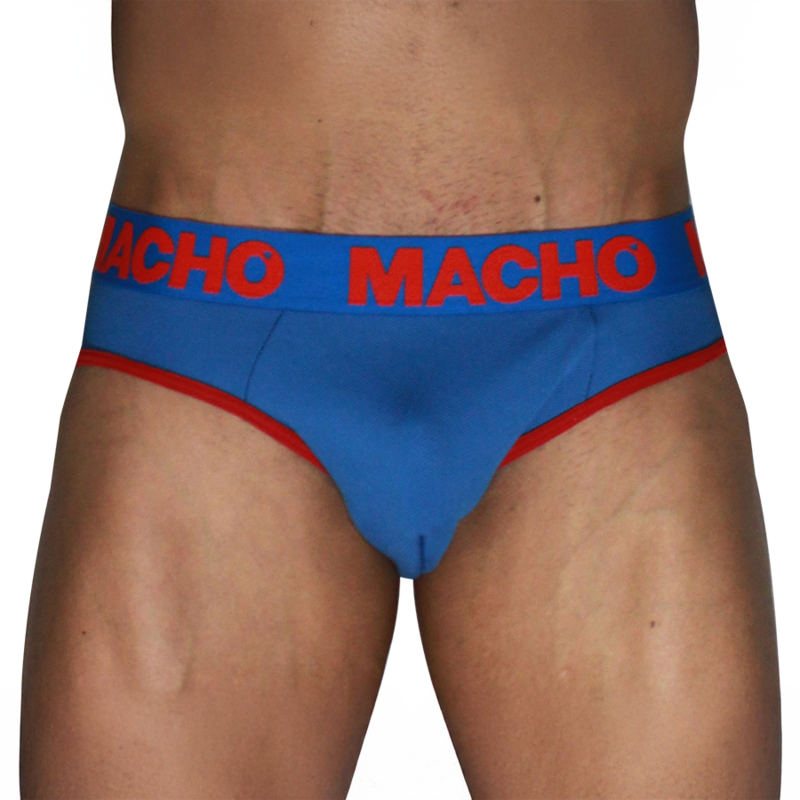 Slip bleu et rouge MACHO MCH005 vu de face en gros plan, liséré rouge et ceinture logo MACHO