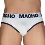 Slip blanc MACHO MCH006 vu de face en gros plan, liséré noir et ceinture logo MACHO noir