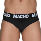 Slip noir MACHO MCH007 vu de face en gros plan, ceinture logo MACHO en blanc