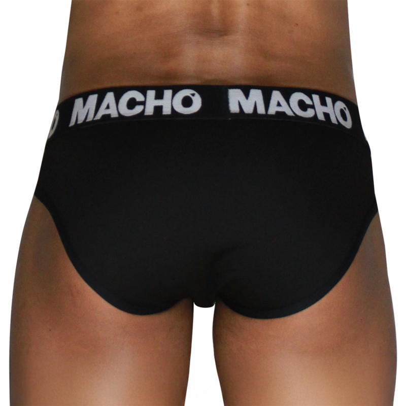 Slip noir MACHO MCH007 vu de dos, ceinture logo MACHO blanche