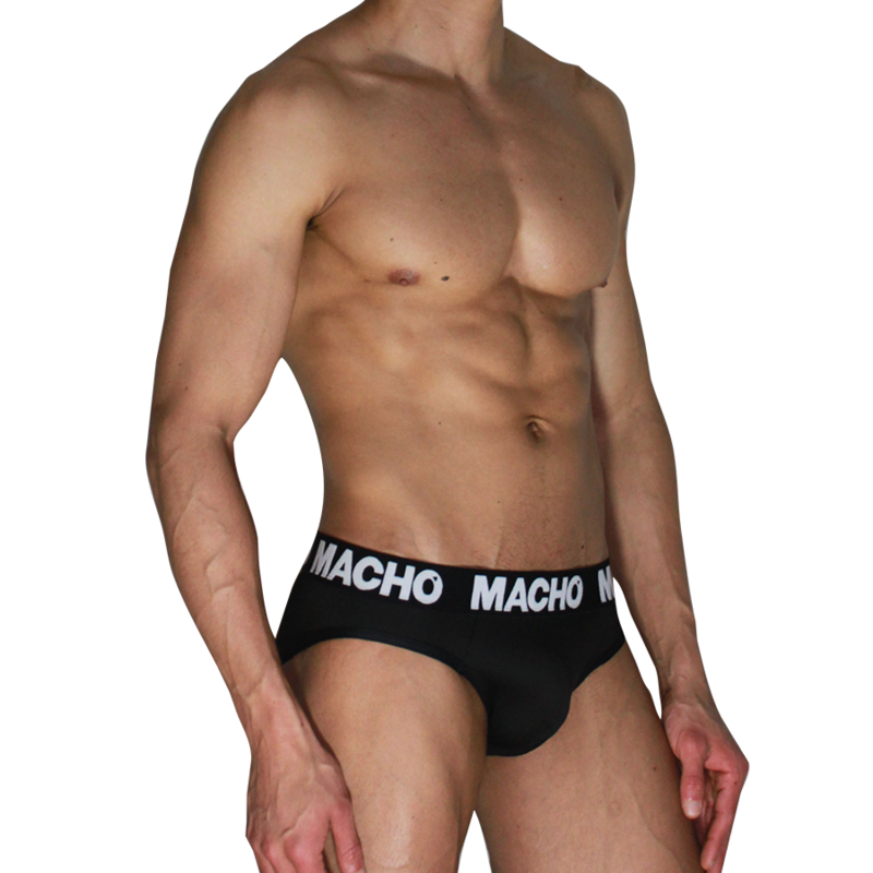 Slip noir MACHO MCH007 porté de profil, ceinture logo MACHO blanche