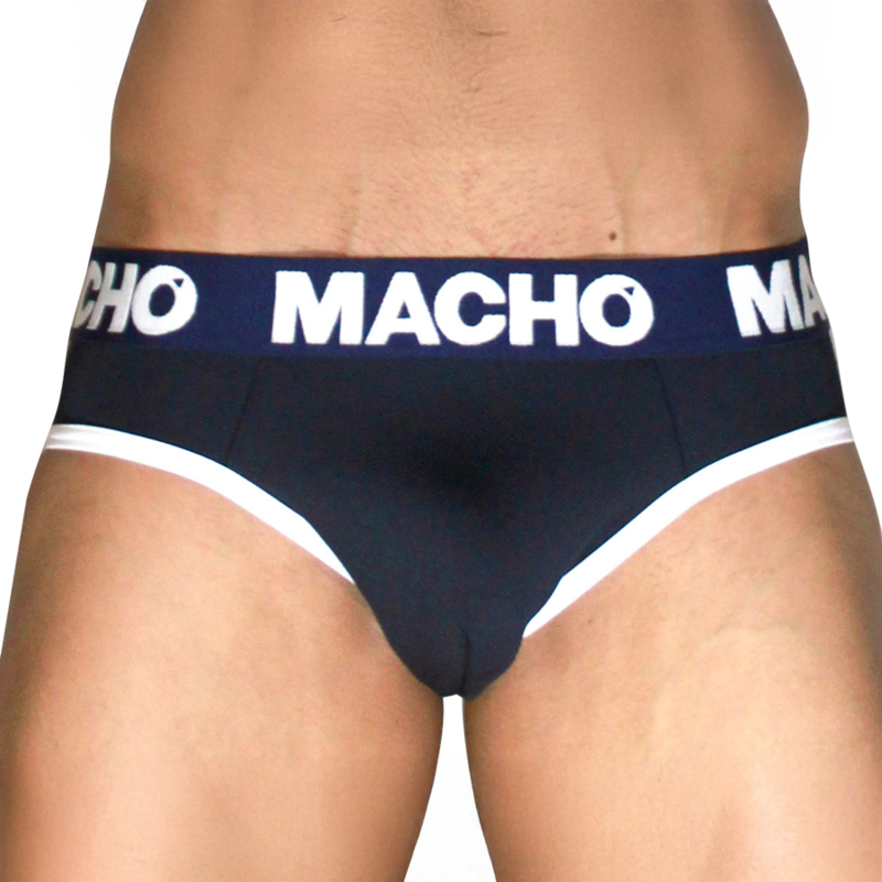 Slip bleu marine MACHO MCH008 vu de face en gros plan, liséré blanc et ceinture logo MACHO