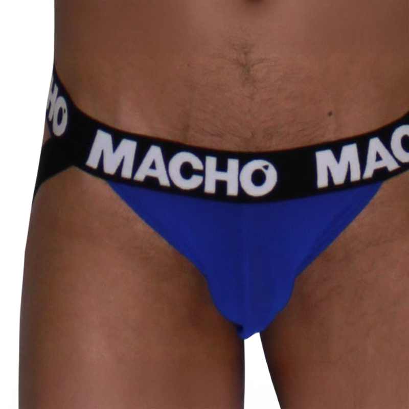 Jockstrap bleu Macho MX28AZ, gros plan sur la poche avant