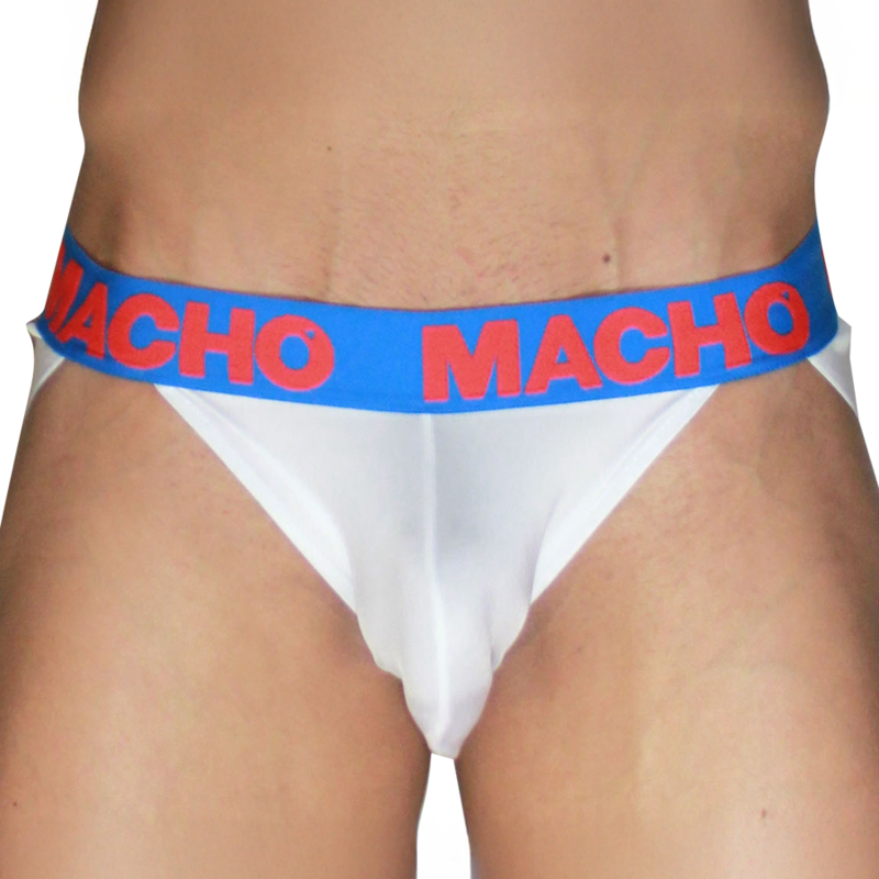 Jockstrap blanc MACHO MX29AZ vu de face en gros plan, ceinture bleue avec logo MACHO rouge