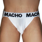 Jockstrap blanc MACHO MX29BL vu de face en gros plan, ceinture blanche logo MACHO noir