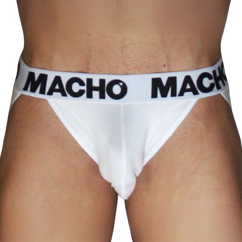 Jockstrap blanc MACHO MX29BL vu de face en gros plan, ceinture blanche logo MACHO noir