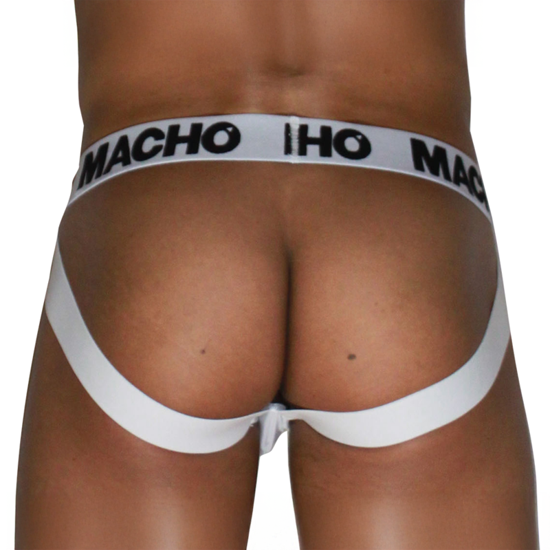 Jockstrap blanc MACHO MX29BL vu de dos, dos ouvert et double sangle blanche