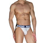 Jockstrap blanc MACHO MX29DK porté de face en angle, ceinture bleu marine logo MACHO
